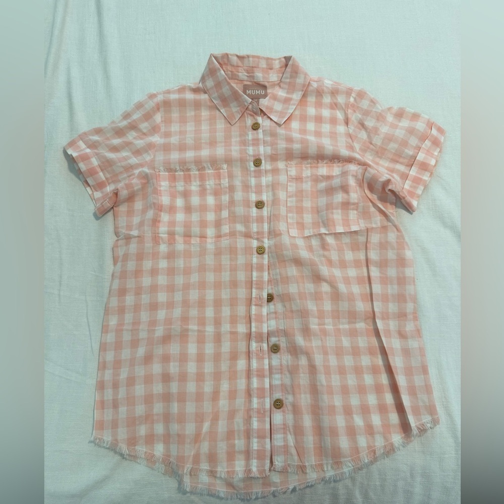 NWOT Show Me Your MuMu Antonelli Top Peach Gingham Blouse Medium Short Sleeve